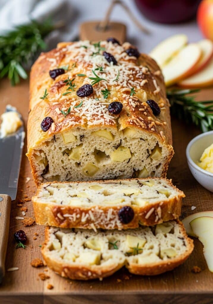 ai-generated-cheesy_herb_and_apple_bread-2 Homemade apple bread with cranberries and herbs on a cutting board, freshly sliced for serving. | Sky Rye Design Homemade apple bread with cranberries and herbs on a cutting board, freshly sliced for serving.