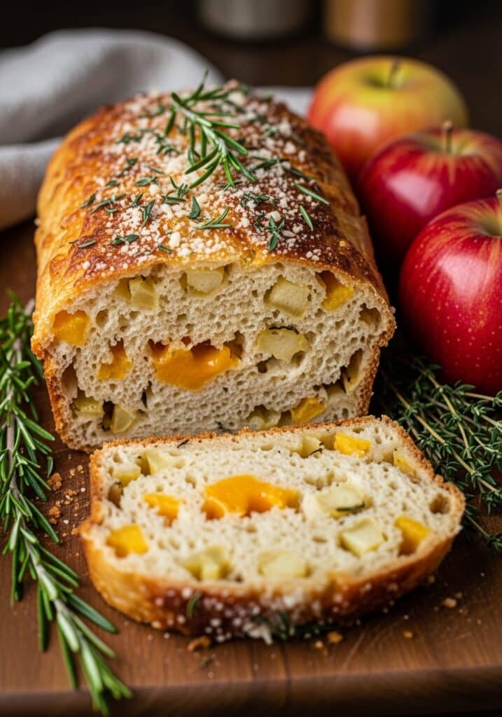 ai-generated-cheesy_herb_and_apple_bread-3 Freshly baked apple cheese bread with herbs, served on a wooden board, with whole apples and rosemary garnish. | Sky Rye Design Freshly baked apple cheese bread with herbs, served on a wooden board, with whole apples and rosemary garnish.