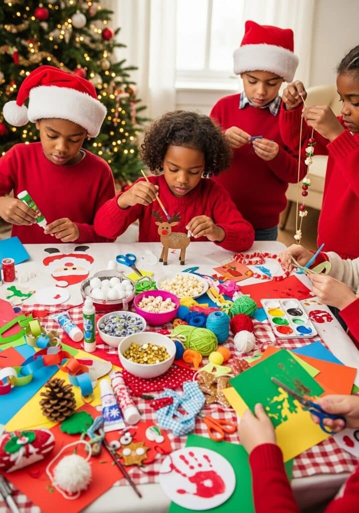 ai-generated-christmas_crafts_for_kids-2 Children crafting Christmas decorations with colorful supplies near a decorated tree. | Sky Rye Design Children crafting Christmas decorations with colorful supplies near a decorated tree.
