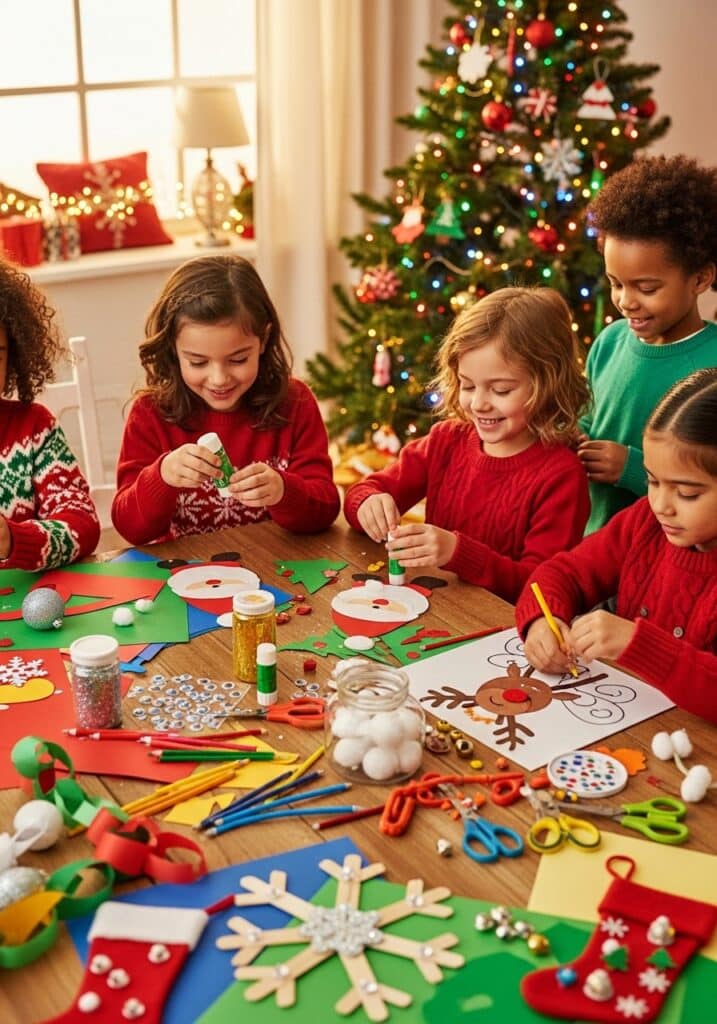 ai-generated-christmas_crafts_for_kids-3 Children crafting holiday decorations at a festive table with Christmas tree in the background. | Sky Rye Design Children crafting holiday decorations at a festive table with Christmas tree in the background.