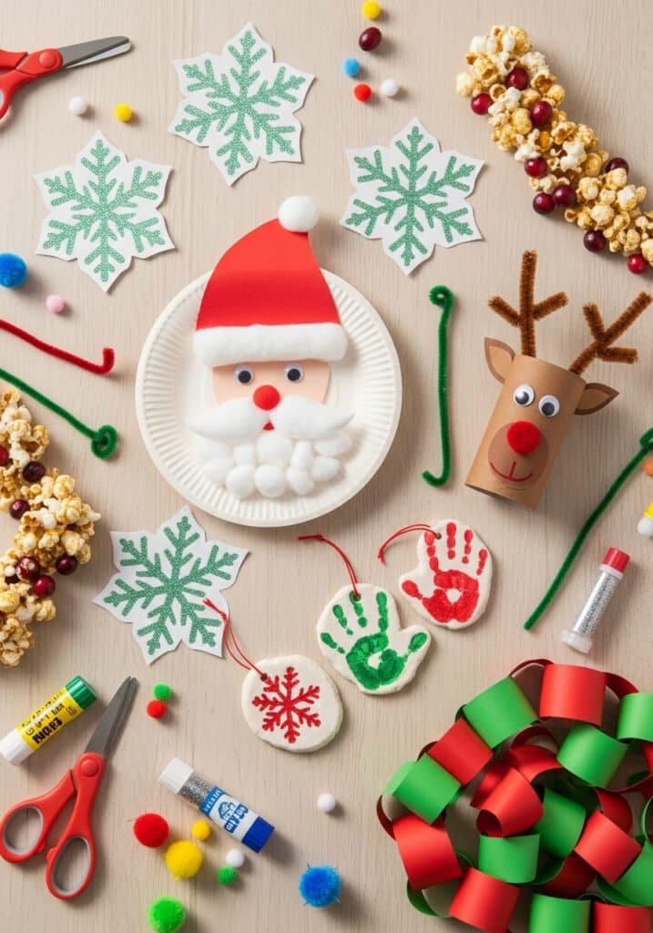 ai-generated-christmas_crafts_for_kids-4 Festive Christmas crafts with Santa, reindeer, snowflakes, handprints, and popcorn garlands on a table. | Sky Rye Design Festive Christmas crafts with Santa, reindeer, snowflakes, handprints, and popcorn garlands on a table.
