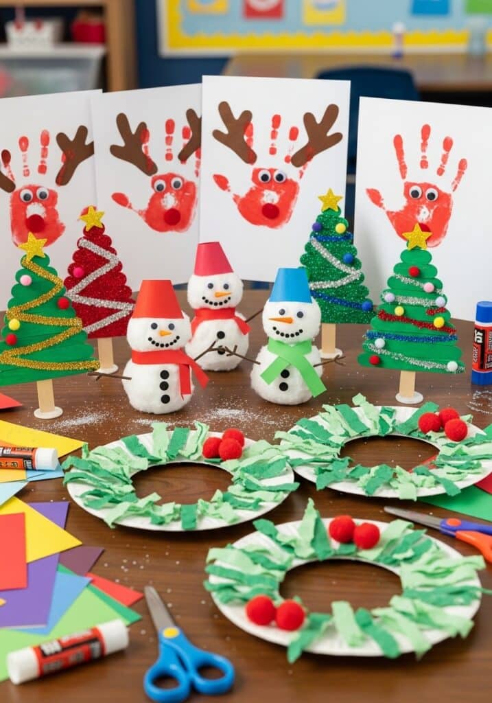 Holiday crafts on a table, featuring snowmen, Christmas trees, wreaths, and reindeer handprint art.