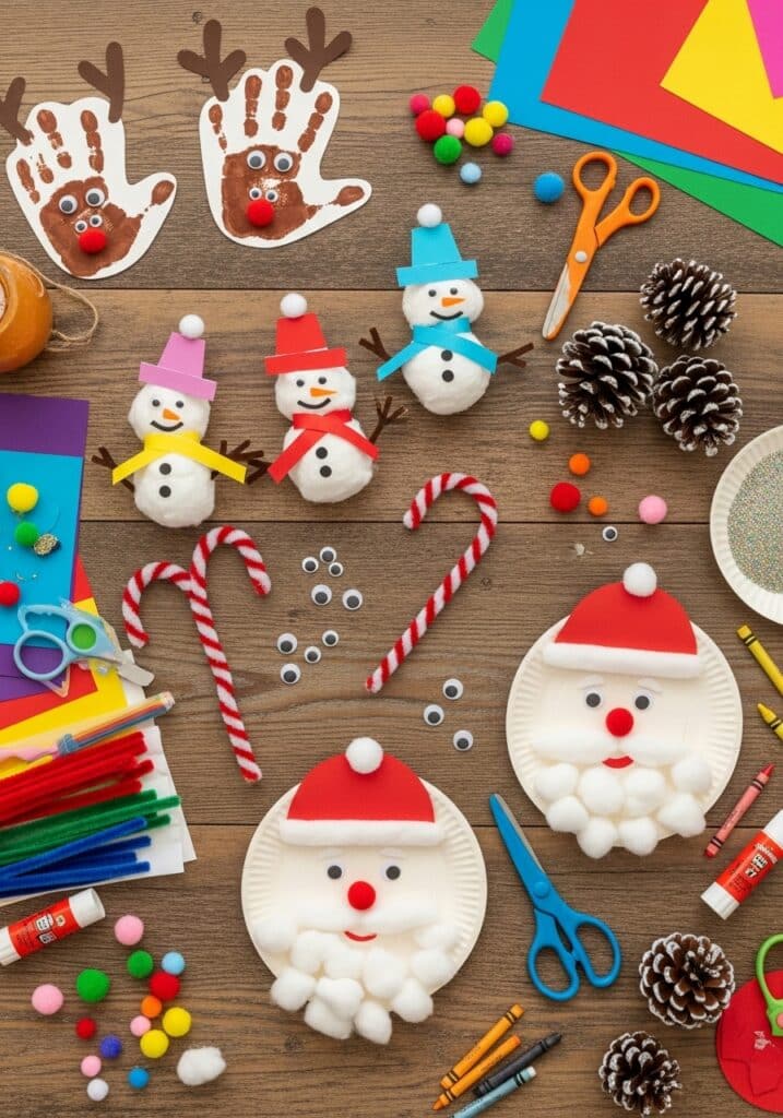 Christmas crafting supplies on a wooden table with snowmen, Santas, and reindeer art pieces.