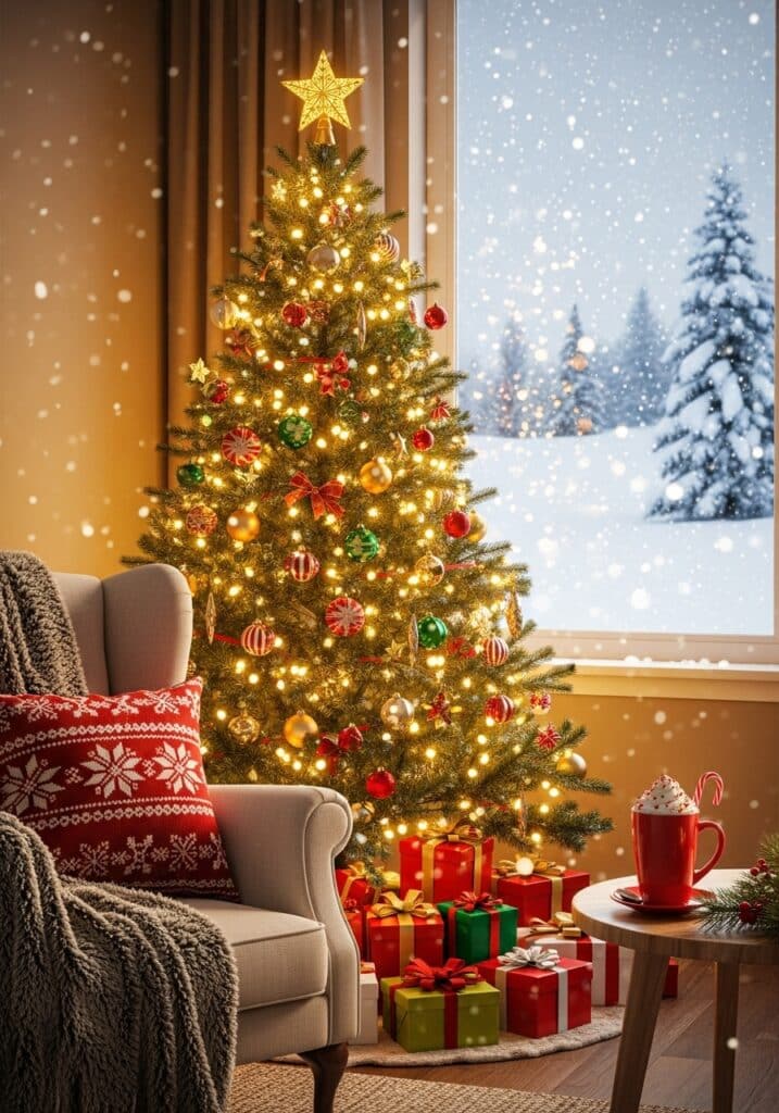 Cozy living room with a decorated Christmas tree, gifts, and a snowy window view, perfect for festive holiday inspiration.
