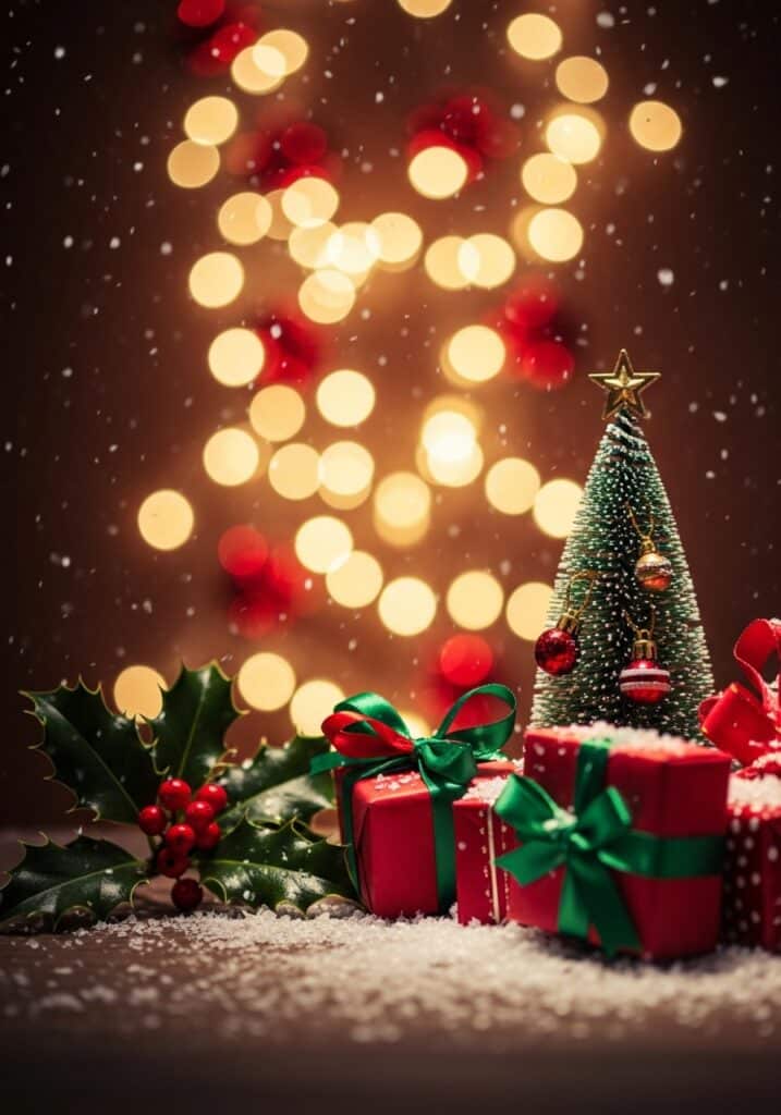 Festive Christmas scene with gifts, a mini tree, and bokeh lights. Snow gently falls, enhancing the holiday atmosphere.