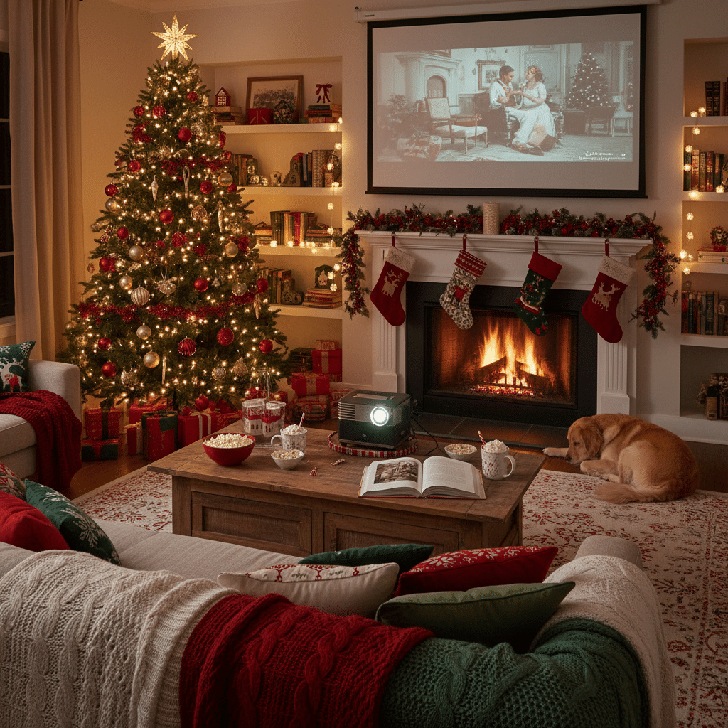 Cozy living room with Christmas tree, fireplace, stockings, and a movie projector showing a classic film.