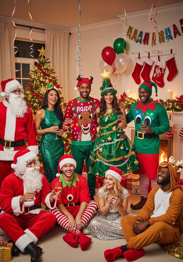 ai-generated-christmas_party_outfit_themes-2 Festive holiday party with people in Christmas costumes, celebrating with a decorated tree and presents. | Sky Rye Design Festive holiday party with people in Christmas costumes, celebrating with a decorated tree and presents.