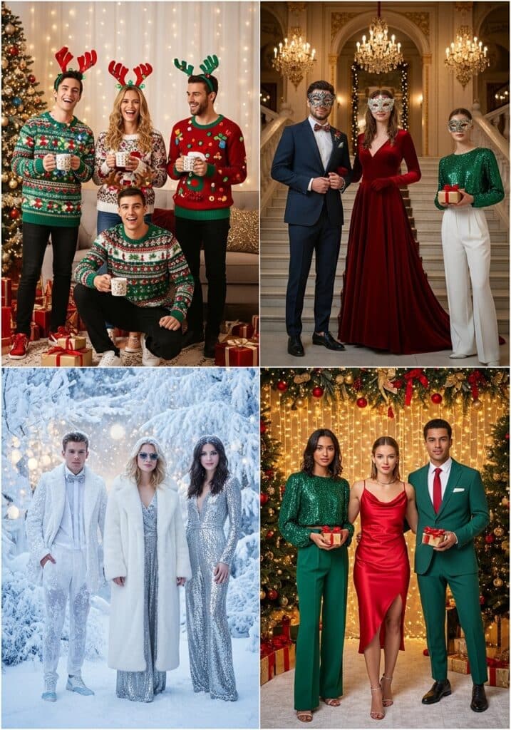 ai-generated-christmas_party_outfit_themes-3 Festive group outfits for Christmas and New Year celebrations, featuring holiday sweaters and elegant attire. | Sky Rye Design Festive group outfits for Christmas and New Year celebrations, featuring holiday sweaters and elegant attire.