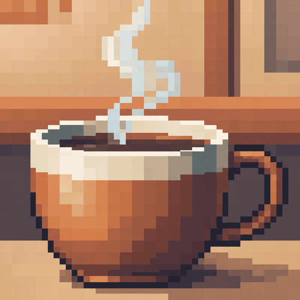 Pixel art of a steaming coffee cup on a table, creating a cozy and warm atmosphere.