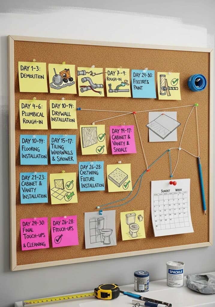 Bathroom renovation timeline with sticky notes detailing tasks like demolition, plumbing, and painting on a corkboard.
