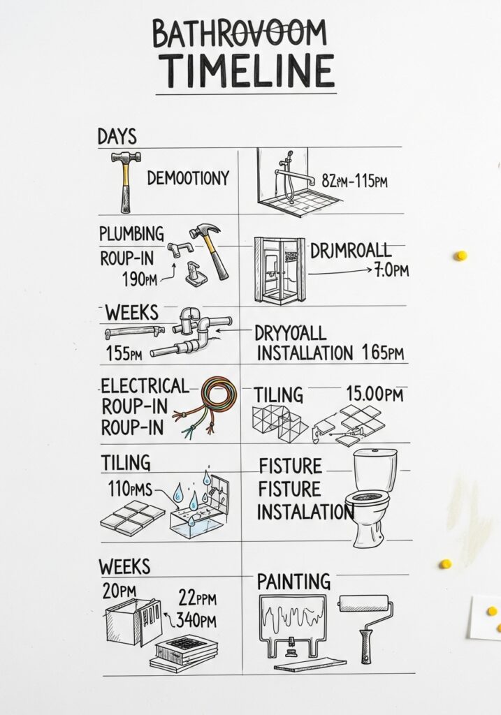 Bathroom renovation timeline with steps: demolition, plumbing, drywall, tiling, fixture installation, painting.