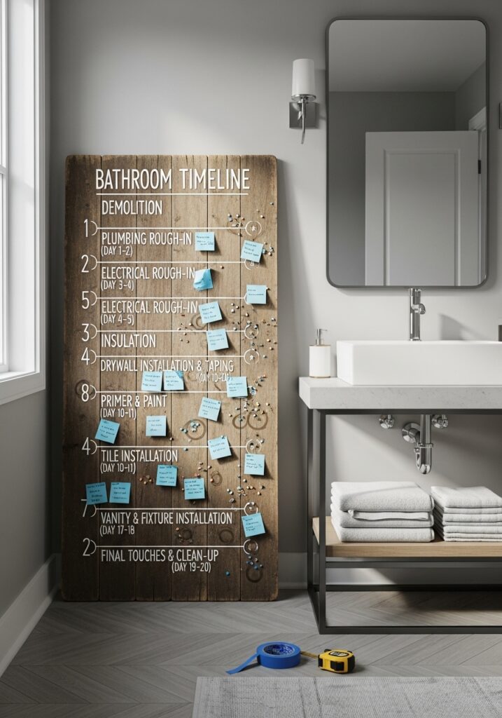 Bathroom renovation timeline displayed on a board, detailing steps from demolition to final touches in modern bathroom.