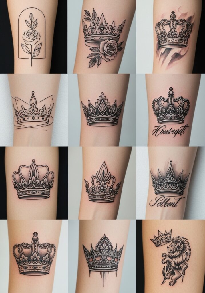 ai-generated-crown_tattoo_ideas-2 Collection of stylish crown and floral tattoos on arms, showcasing intricate designs and elegant artistry. | Sky Rye Design Collection of stylish crown and floral tattoos on arms, showcasing intricate designs and elegant artistry.