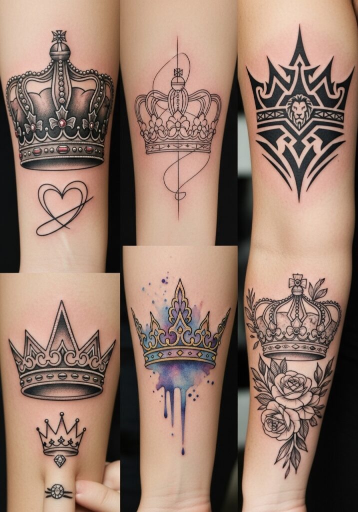 ai-generated-crown_tattoo_ideas-3 Stylish and diverse crown tattoos featuring intricate designs, floral elements, and vibrant colors on various forearms. | Sky Rye Design Stylish and diverse crown tattoos featuring intricate designs, floral elements, and vibrant colors on various forearms.