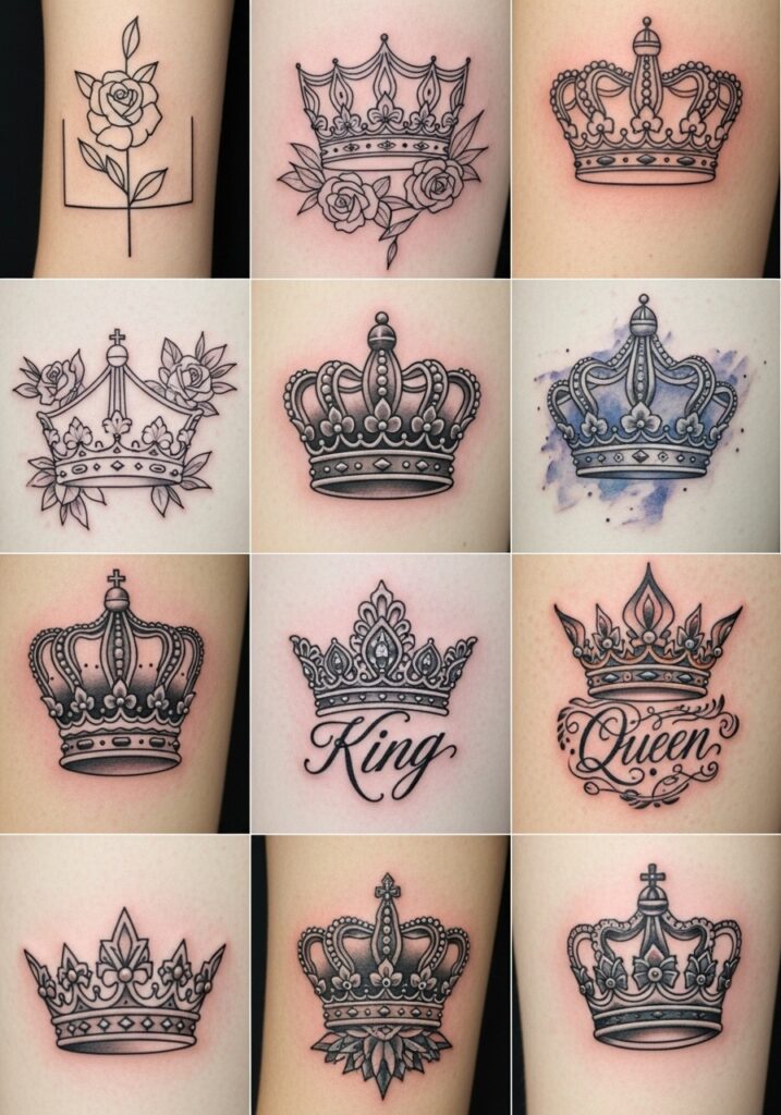 ai-generated-crown_tattoo_ideas-4 Collage of crown and rose tattoos featuring detailed black ink designs, with King and Queen lettering. | Sky Rye Design Collage of crown and rose tattoos featuring detailed black ink designs, with King and Queen lettering.