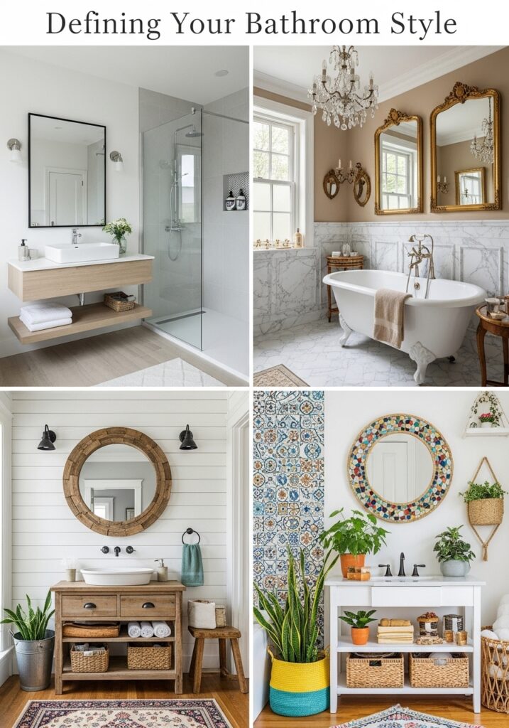 Modern and vintage bathroom designs with mirrors, plants, and stylish decor elements. Enhance your bathroom style.