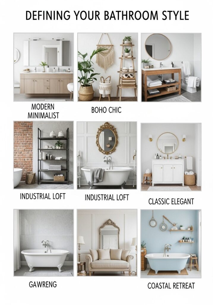 Explore bathroom styles: Modern Minimalist, Boho Chic, Industrial Loft, Classic Elegant, Gawreng, Coastal Retreat.