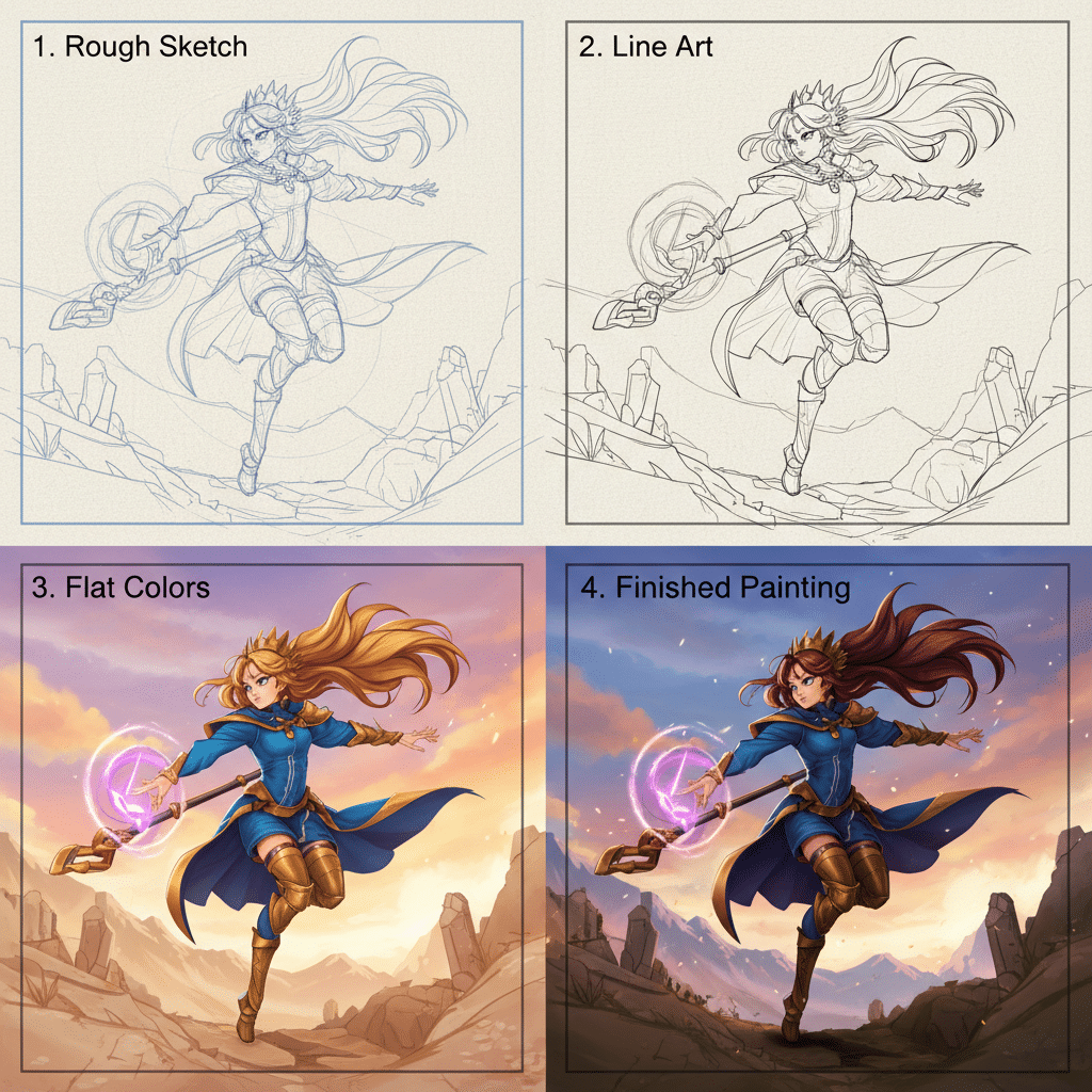 ai-generated-digital_anime_painting__from_s-3 Art progression: rough sketch to finished painting of a magical character with staff, vibrant colors, dynamic pose. | Sky Rye Design Art progression: rough sketch to finished painting of a magical character with staff, vibrant colors, dynamic pose.
