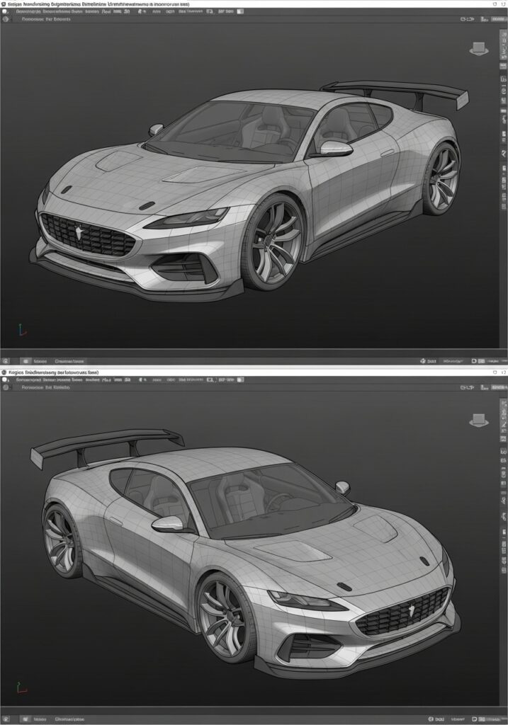 3D rendering of a sports car design with aerodynamic features in a modeling software interface.