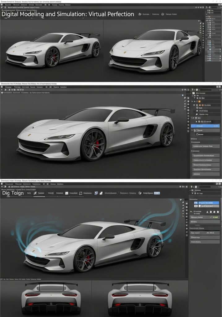 3D luxury sports car modeling in design software, highlighting aerodynamic simulation features.