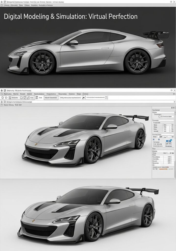Silver sports car in digital modeling software, showcasing virtual design and simulation.