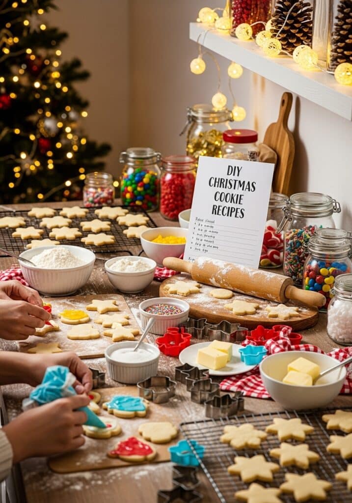 Festive cookie baking setup with DIY Christmas recipes, dough, icing, and colorful decorations on a holiday-themed table.