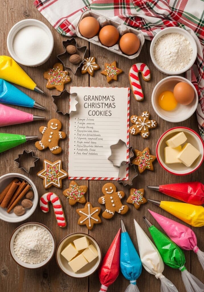 Christmas baking ingredients and cookies with recipe card, colorful icing, butter, eggs, and festive decorations.