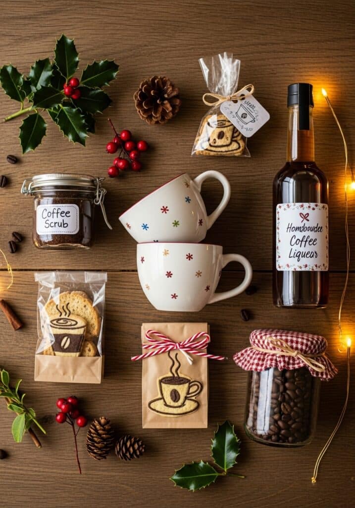 ai-generated-diy_christmas_gifts_for_coffee-1 Coffee-themed holiday gift set with mugs, beans, cookies, scrub, and liqueur on a wooden table. | Sky Rye Design Coffee-themed holiday gift set with mugs, beans, cookies, scrub, and liqueur on a wooden table.