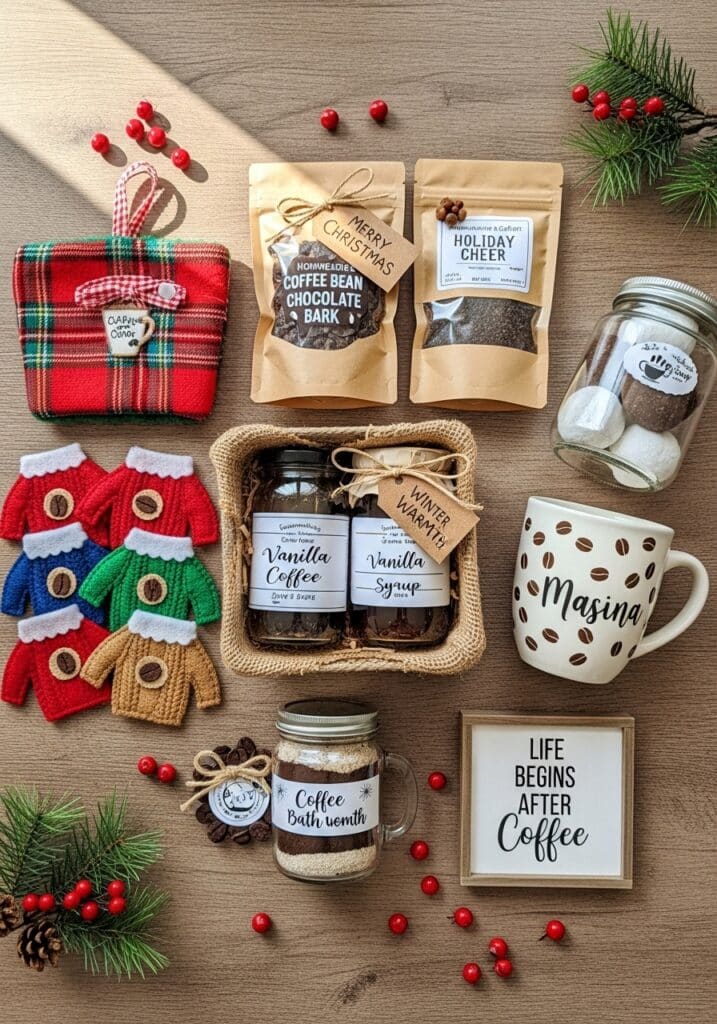 ai-generated-diy_christmas_gifts_for_coffee-2 1 Festive coffee-themed gift set with vanilla syrup, holiday treats, and cozy décor on wooden table. | Sky Rye Design Festive coffee-themed gift set with vanilla syrup, holiday treats, and cozy décor on wooden table.