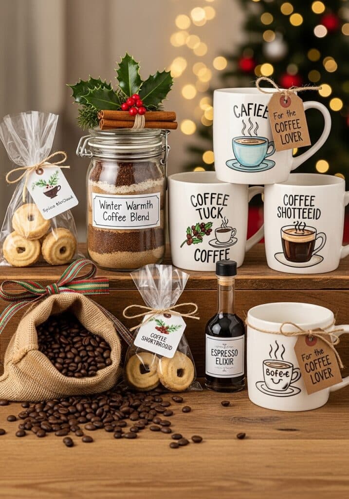 ai-generated-diy_christmas_gifts_for_coffee-3 Festive coffee gift set with mugs, beans, and treats, perfect Christmas present for coffee enthusiasts. | Sky Rye Design Festive coffee gift set with mugs, beans, and treats, perfect Christmas present for coffee enthusiasts.
