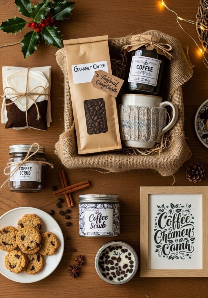 ai-generated-diy_christmas_gifts_for_coffee-4 Coffee gift set with gourmet beans, cozy mug, coffee scrubs, cookies, and festive decor on a wooden table. | Sky Rye Design Coffee gift set with gourmet beans, cozy mug, coffee scrubs, cookies, and festive decor on a wooden table.