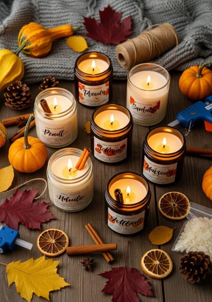 ai-generated-diy_fall_candles-1 Autumn-themed candles with cinnamon, leaves, and pumpkins on a cozy wooden table setting. | Sky Rye Design Autumn-themed candles with cinnamon, leaves, and pumpkins on a cozy wooden table setting.