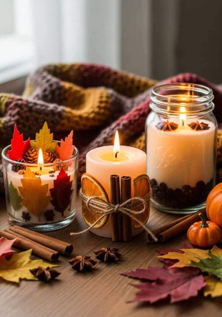ai-generated-diy_fall_candles-2 Cozy autumn candles decorated with leaves, cinnamon sticks, and pumpkins on a wooden table with a knitted blanket. | Sky Rye Design Cozy autumn candles decorated with leaves, cinnamon sticks, and pumpkins on a wooden table with a knitted blanket.