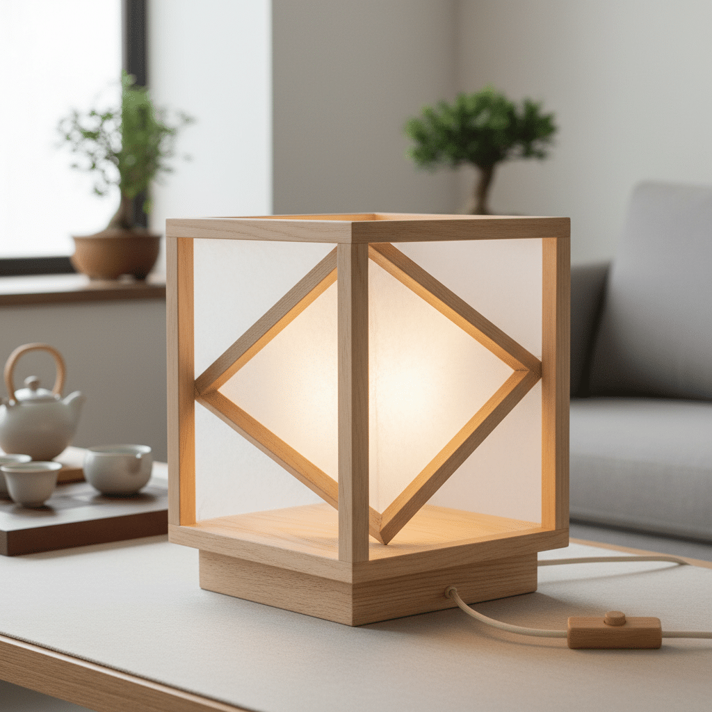 Modern wooden geometric table lamp on a coffee table, with a teapot set and potted plant in a cozy living room.