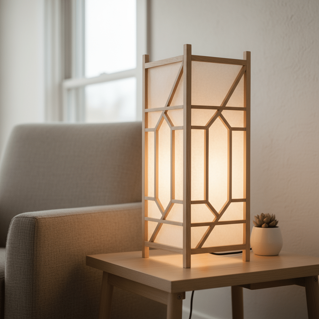 Modern wooden lamp on a side table, softly illuminating a cozy room corner with chair and plant.