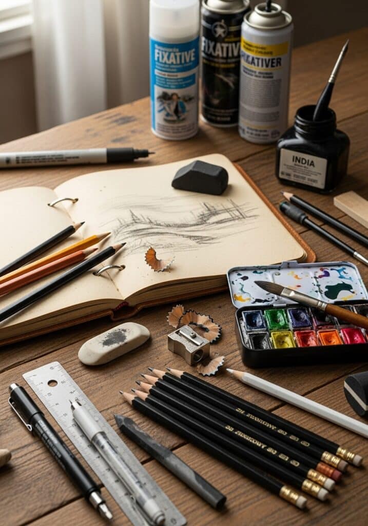 Art supplies on a wooden table: sketchbook, pencils, paint, erasers, fixative spray, and pens for drawing.