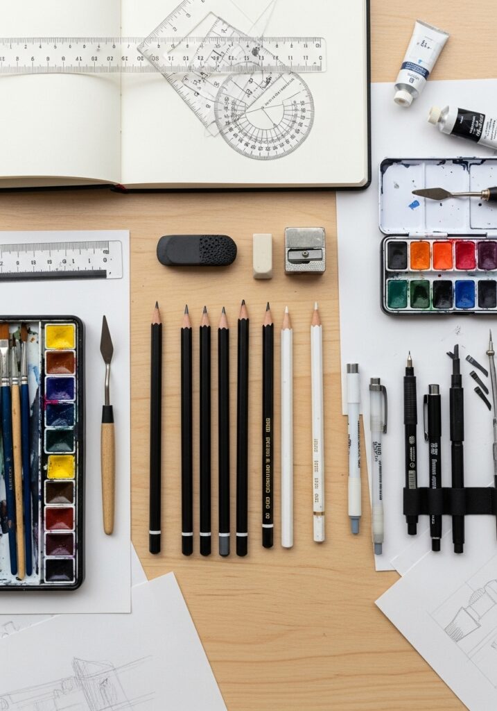 Art supplies on a desk: pencils, pens, brushes, watercolors, ruler, protractor, perfect for artists and designers.