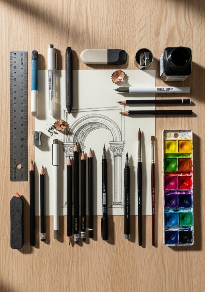 Artist's tools on a wooden desk with pencils, brushes, ruler, and colorful paints beside a detailed architectural sketch.