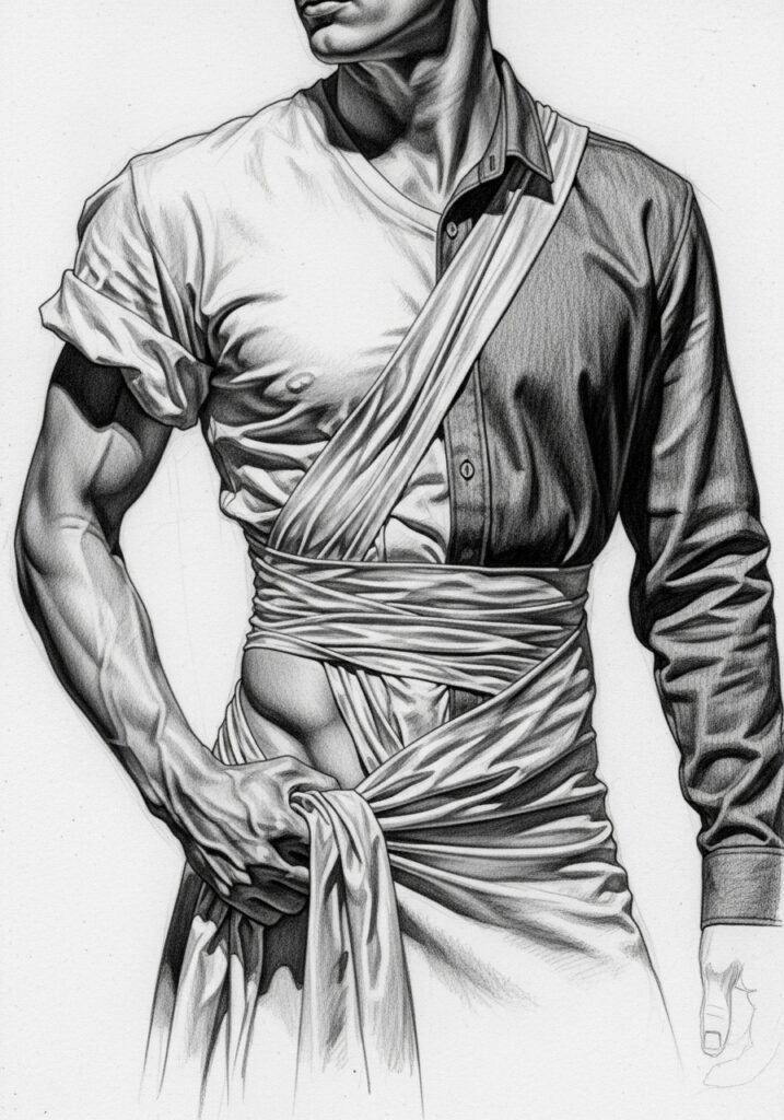 Illustrated man in mixed shirt, wrapped in fabric, showcasing toned muscles. Monochrome sketch.