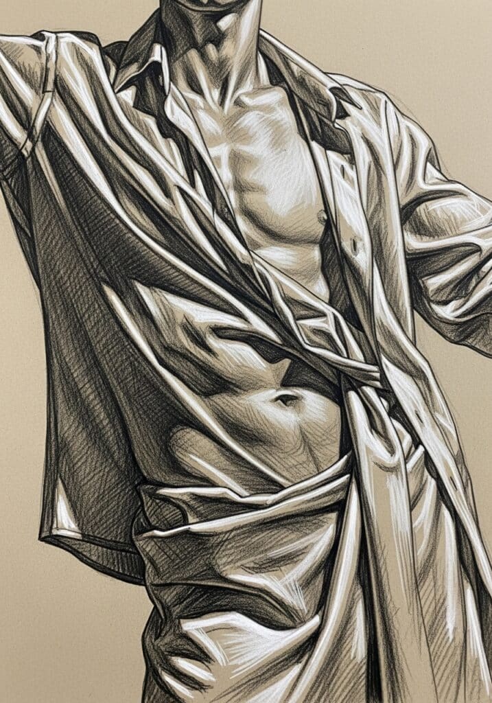 Drawing of a person in a flowing shirt with detailed shadows and fabric folds, highlighting muscular definition.