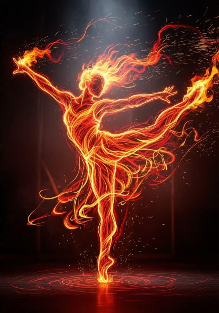 Fiery dancer silhouette in motion, glowing lines create a dynamic and vibrant performance against dark background.