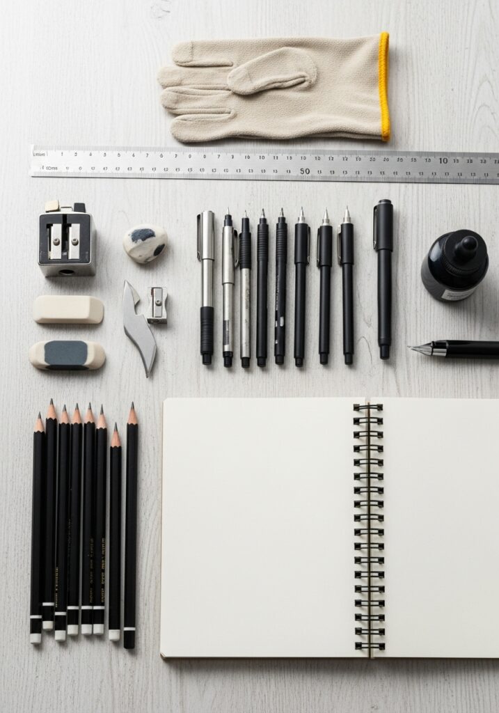 Assorted drawing tools and open sketchbook on wooden desk, featuring pens, pencils, rulers, erasers, and gloves.