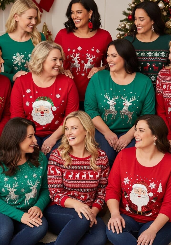 ai-generated-festive_tops___tunics_on_a_wom-2 Women in festive holiday sweaters gather and smile, celebrating Christmas with colorful designs. | Sky Rye Design Women in festive holiday sweaters gather and smile, celebrating Christmas with colorful designs.