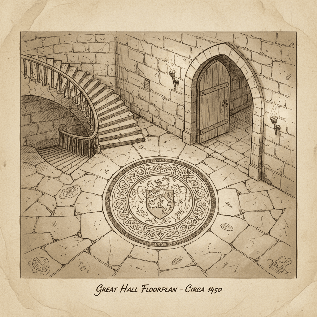 Medieval hall floorplan sketch, circa 1450, featuring stone staircase and intricate circular emblem on the floor.