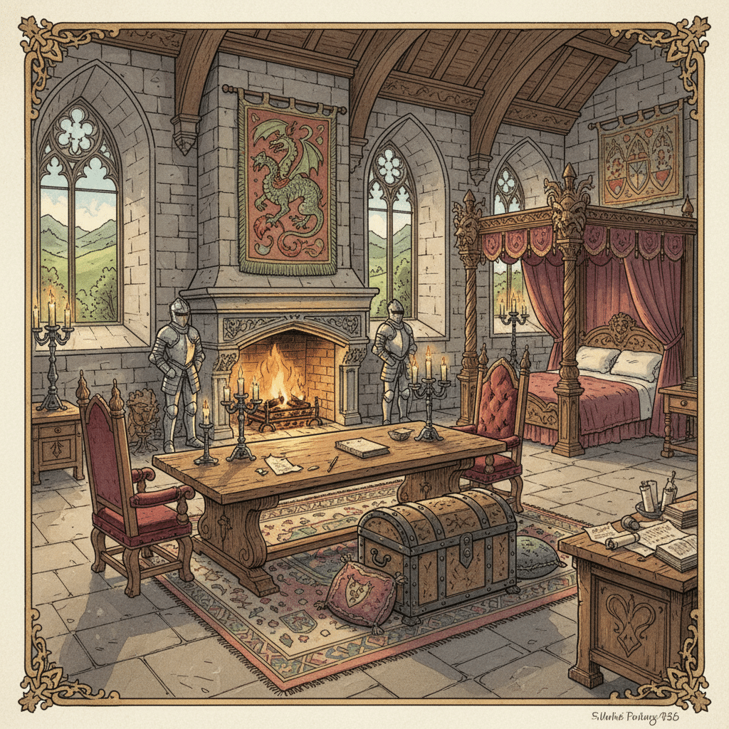 Medieval castle room with fireplace, ornate table, canopy bed, and armor suits, evoking a historic atmosphere.
