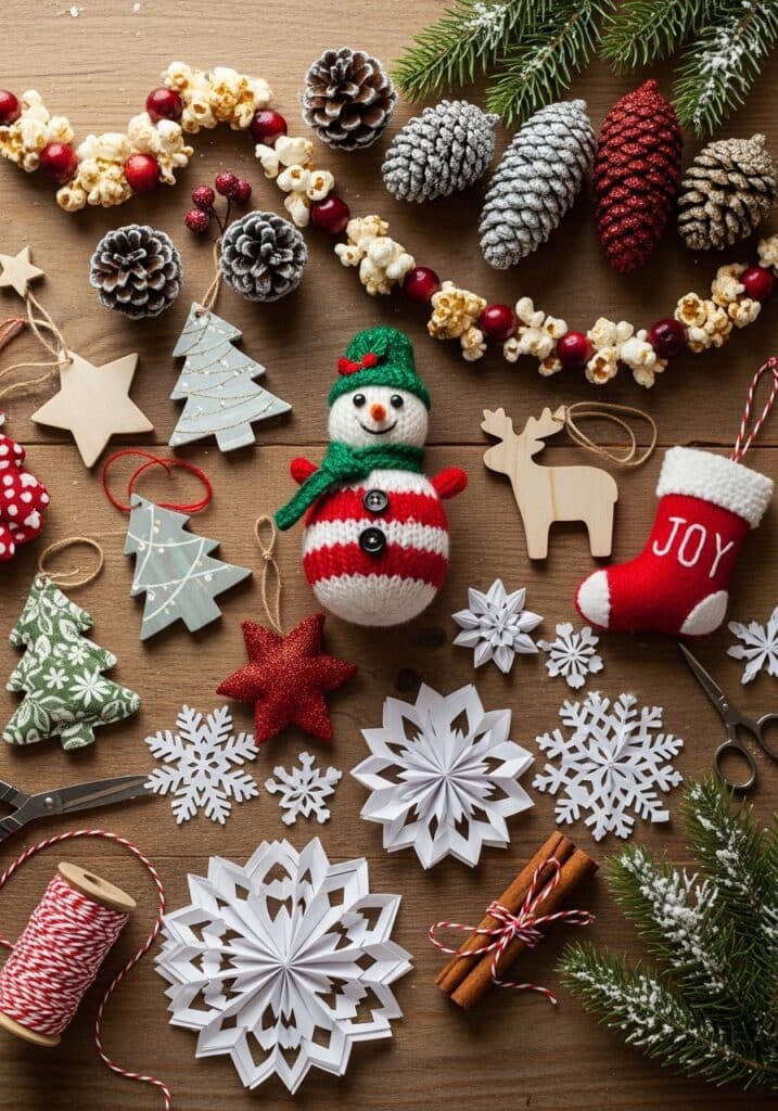 ai-generated-handmade__hristmas_decorations-3 Festive Christmas crafts with snowman, pinecones, snowflakes, and ornaments on a wooden table. Holiday decoration ideas. | Sky Rye Design Festive Christmas crafts with snowman, pinecones, snowflakes, and ornaments on a wooden table. Holiday decoration ideas.