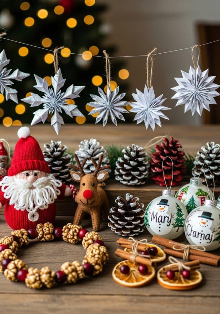 ai-generated-handmade__hristmas_decorations-4 Festive Christmas decorations with Santa, reindeer, snowflakes, pine cones, and ornaments on a wooden table. | Sky Rye Design Festive Christmas decorations with Santa, reindeer, snowflakes, pine cones, and ornaments on a wooden table.