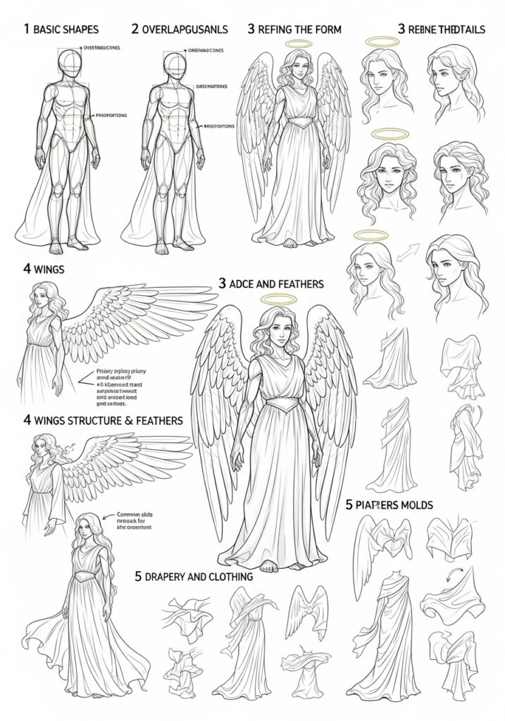 Step-by-step guide to drawing an angel, covering shapes, form, wings, and drapery details in a detailed illustration.