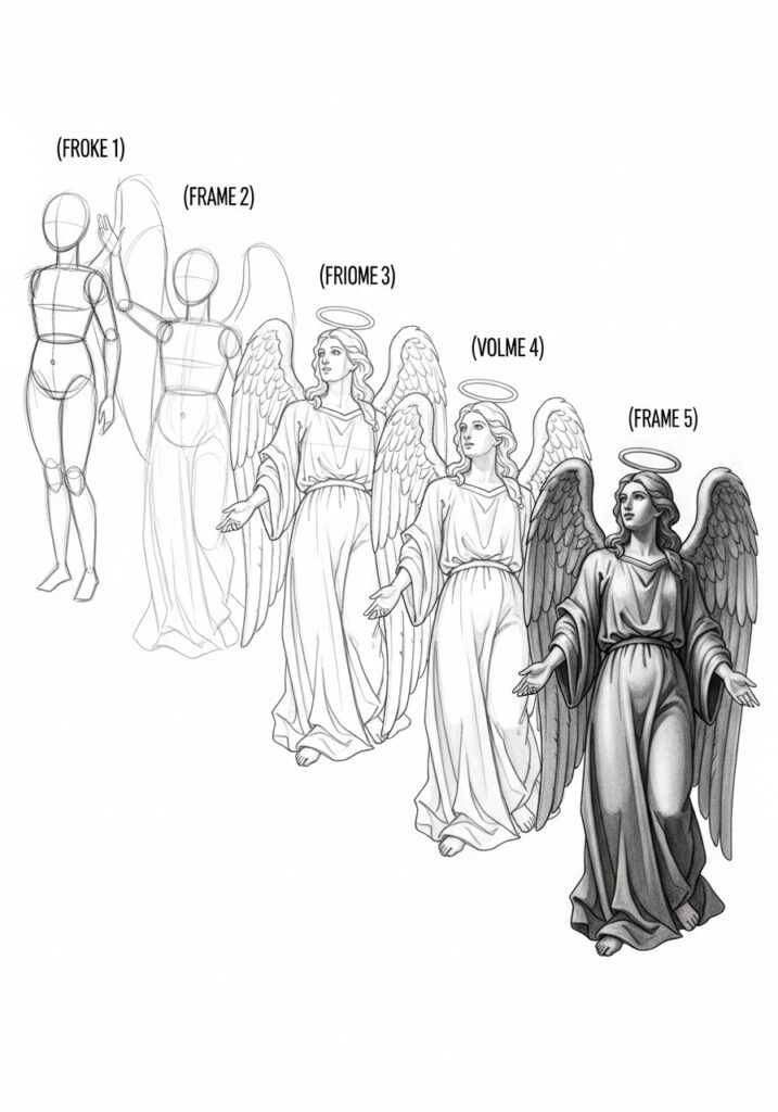 Step-by-step angel drawing guide from sketch to detailed illustration, depicting artistic progression.