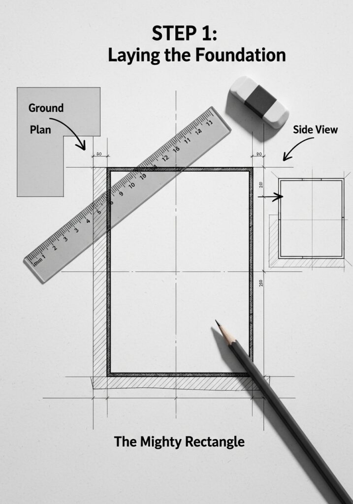 Ground plan with ruler and pencil, illustrating Step 1: Laying the Foundation for The Mighty Rectangle.